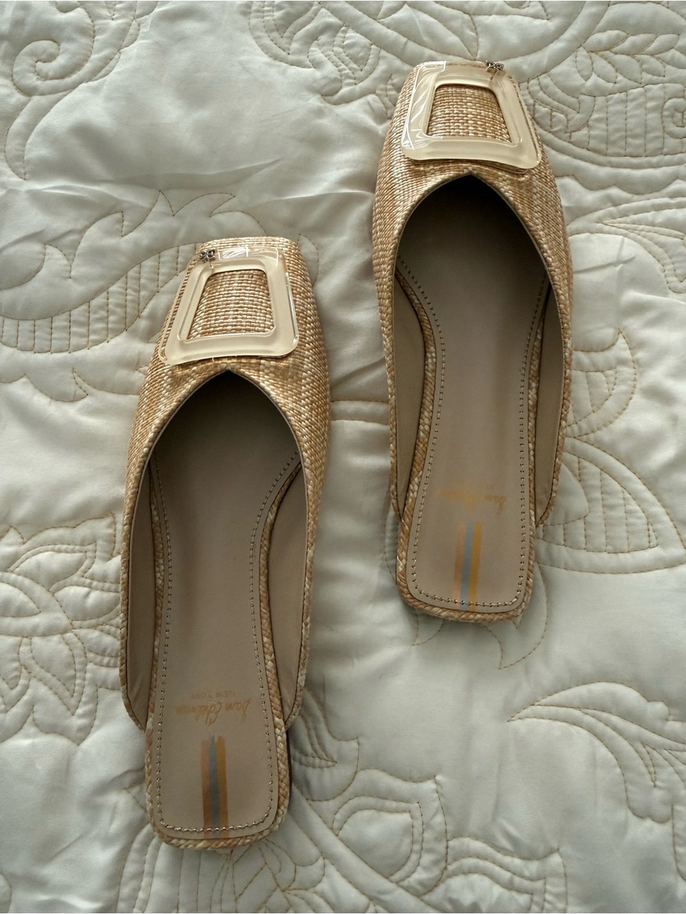 Sam Edelman Beige Raffia Square-Toe Mule with Decorative Buckle - Women size 6.5